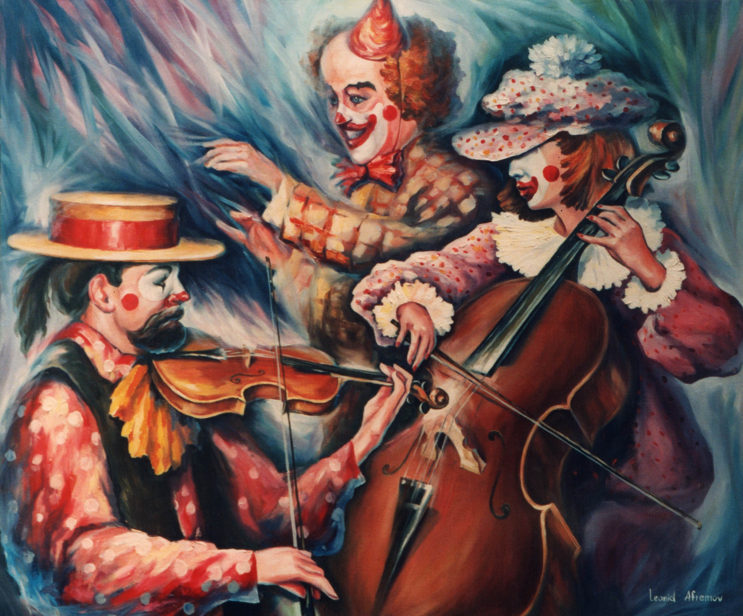 MUSICAL CLOWNS— PALETTE KNIFE Oil Painting On Canvas By Leonid