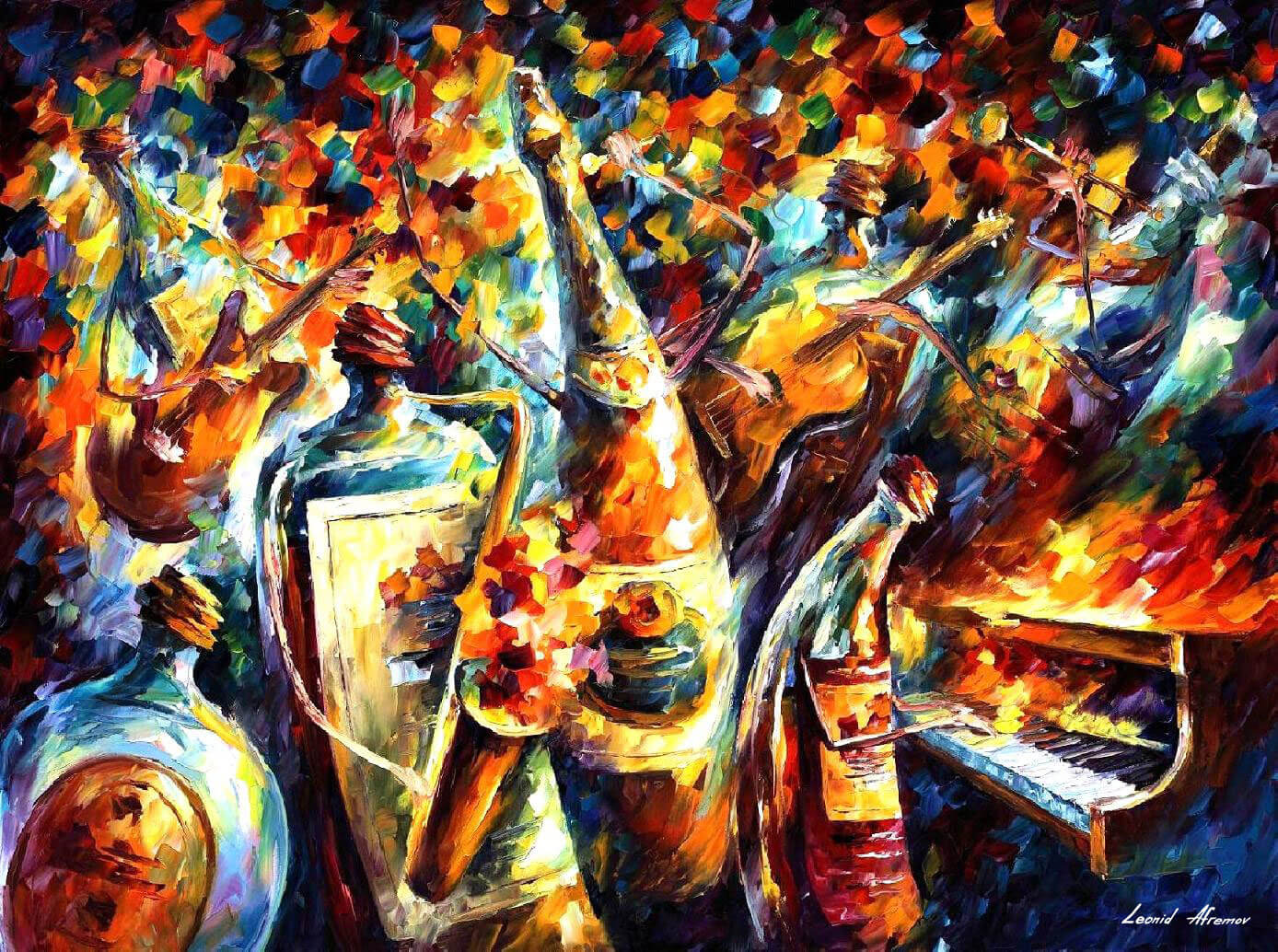 BOTTLE JAZZ — PALETTE KNIFE Oil Painting Canvas By Leonid Afremov - Size  30x40