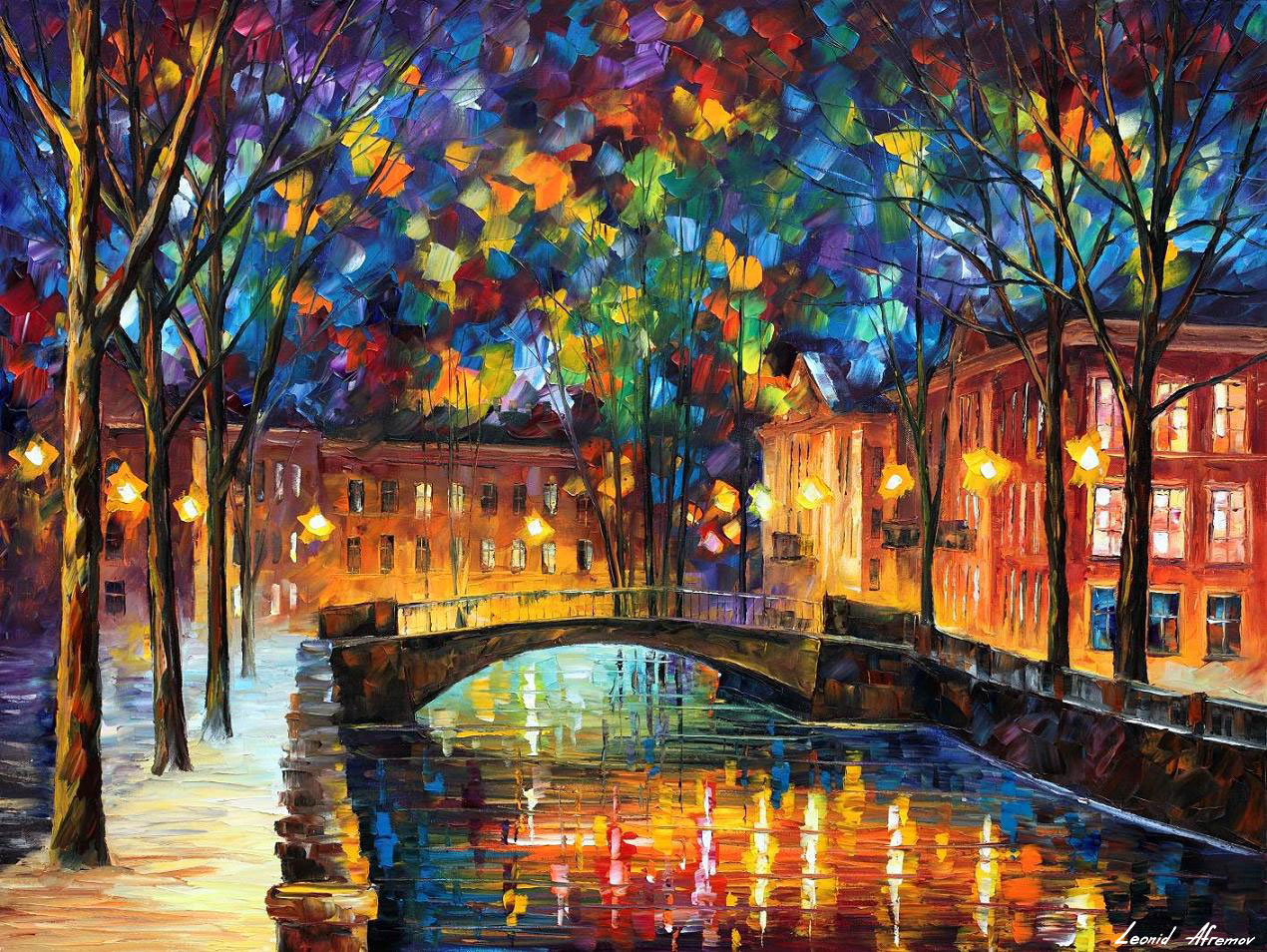 CITY OLD BRIDGE — PALETTE KNIFE Oil Painting On Canvas By Leonid