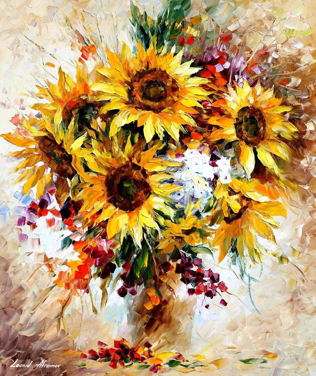 HAPPY SUNFLOWERS— Palette knife Oil Painting on Canvas by Leonid Afremov -  Size 30