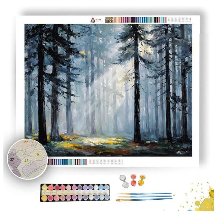 LIGHT THROUGH THE MISTY PINES - Paint by Numbers Full Kit