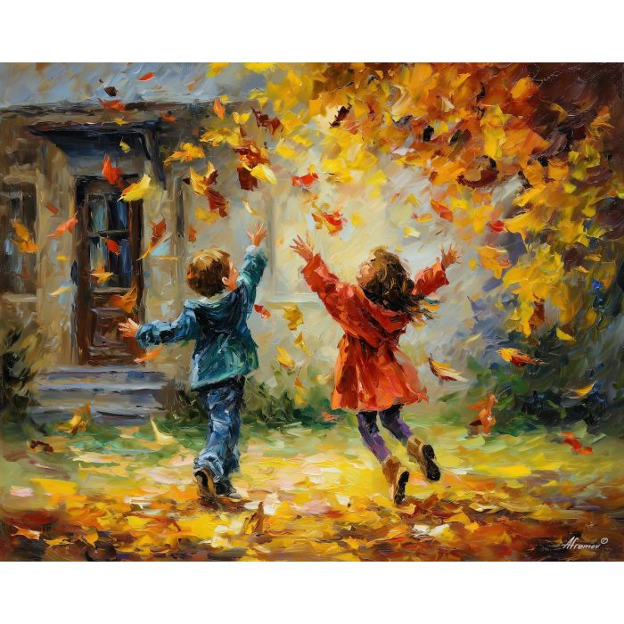 CHILDREN PLAYING LEAVES