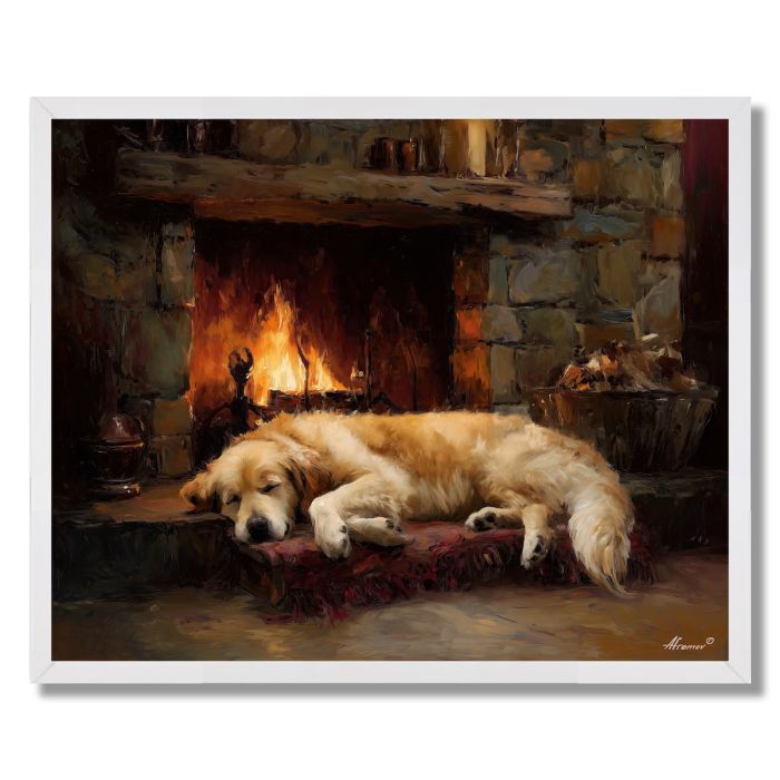 DOG BY FIREPLACE - FRAMED