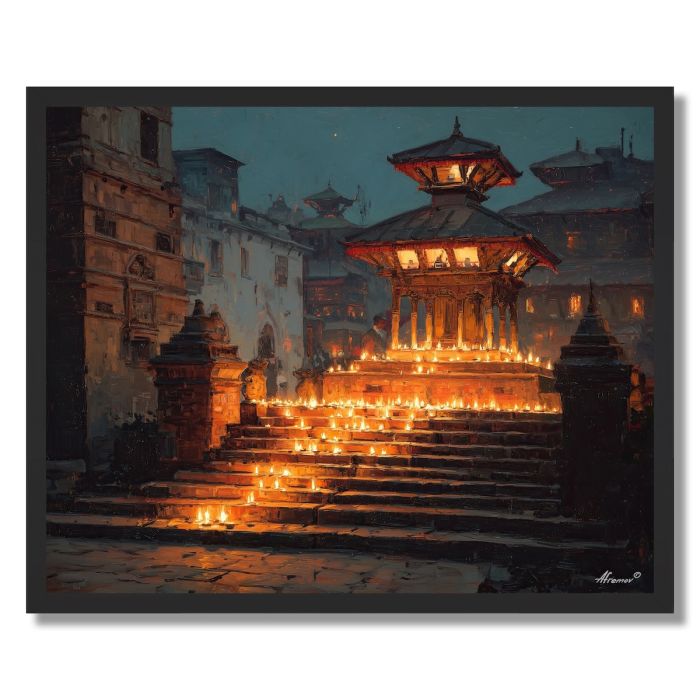 KATHMANDU TEMPLE NIGHT - FRAMED