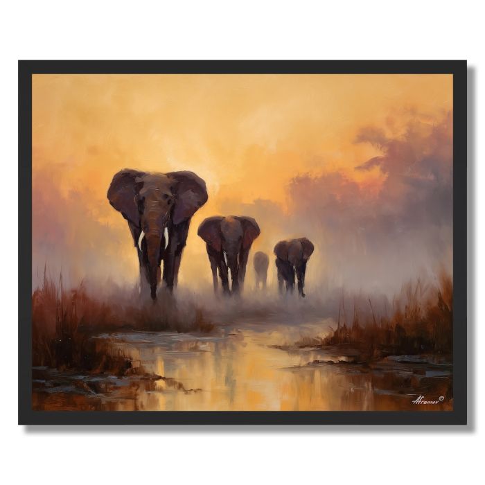 ELEPHANT FAMILY DAWN - FRAMED