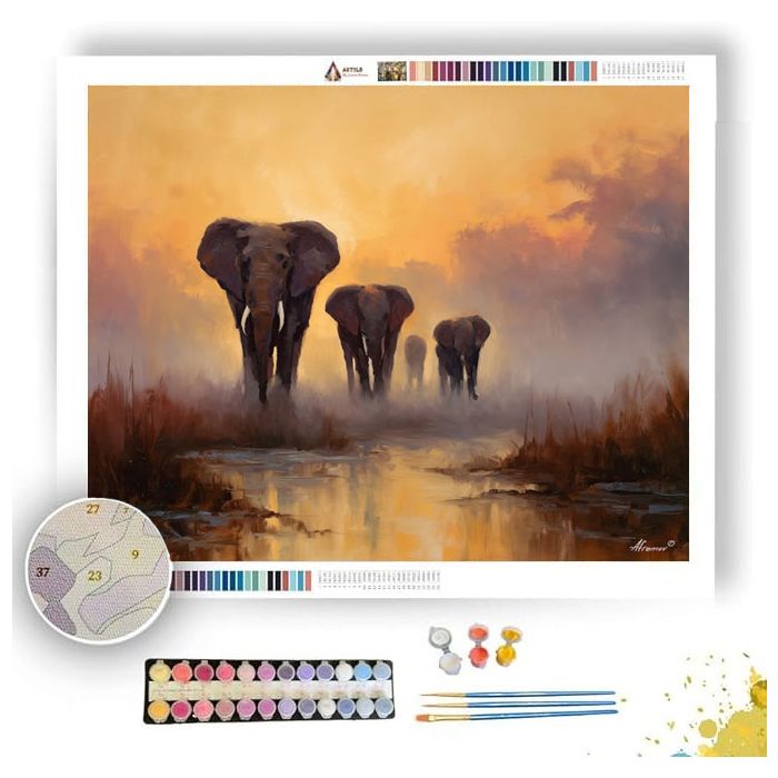 ELEPHANT FAMILY DAWN - Paint by Numbers Full Kit