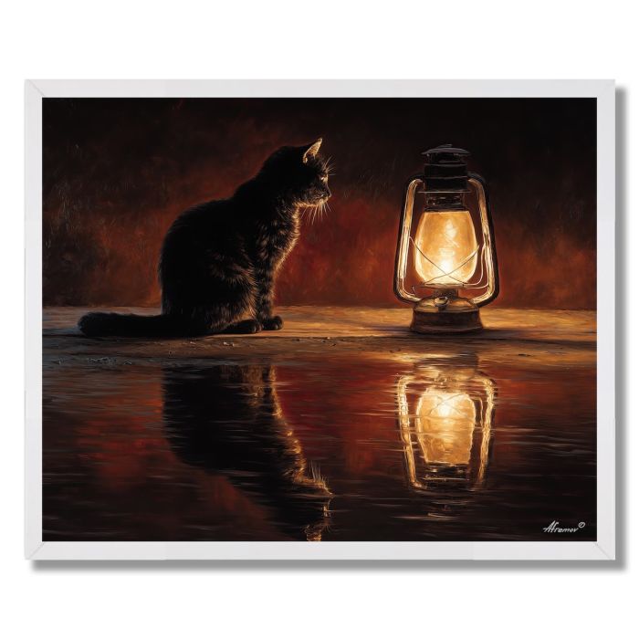CAT AND LANTERN - FRAMED