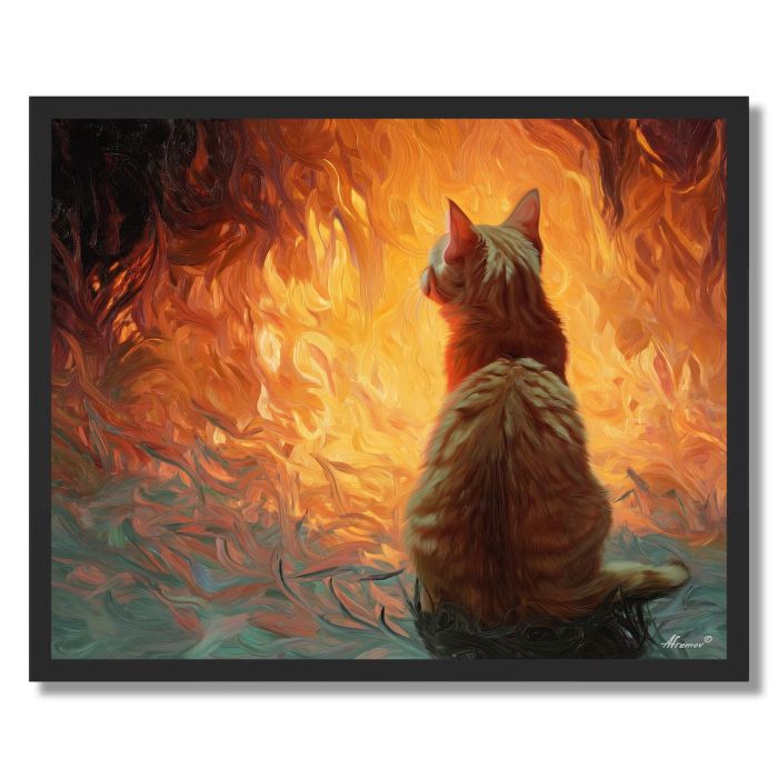 CAT BY THE FIRE - FRAMED