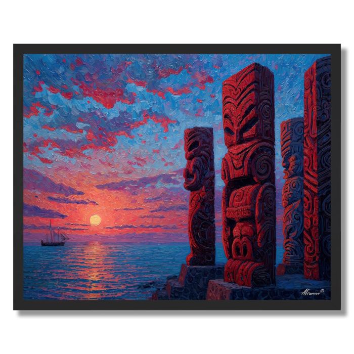 MAORI CARVINGS AT SUNSET - FRAMED