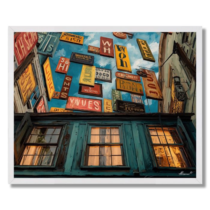 STREET OF FLOATING SIGNS - FRAMED