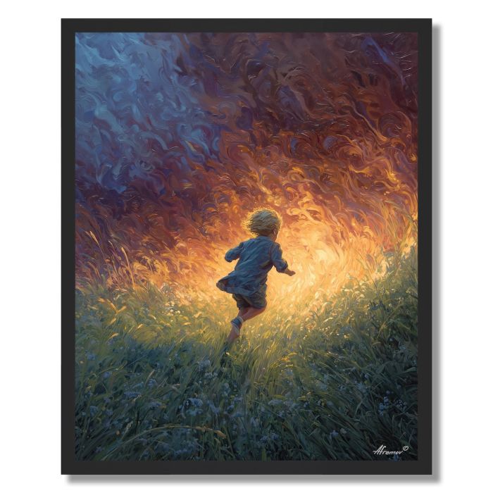 CHILD CHASING FIRELIGHT - FRAMED