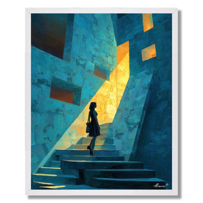 WOMAN CLIMBING STAIRS OF LIGHT - FRAMED