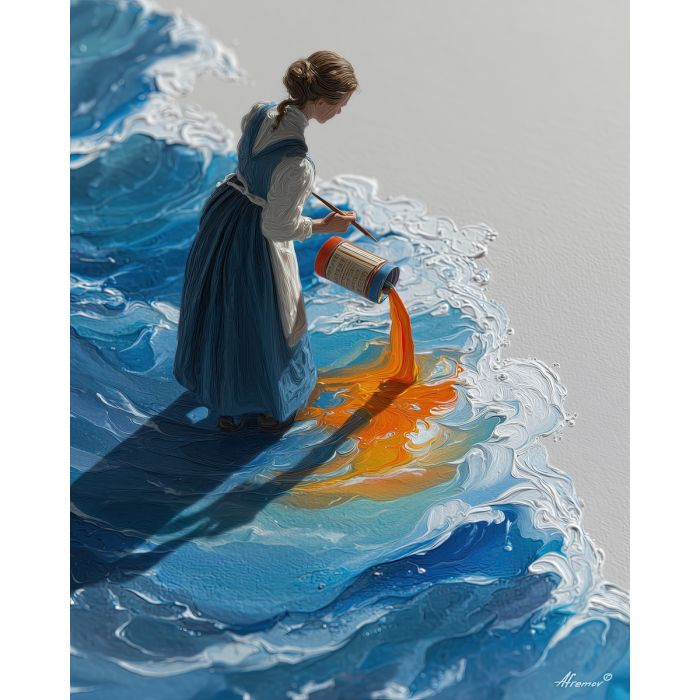 WOMAN POURING COLOR INTO SEA