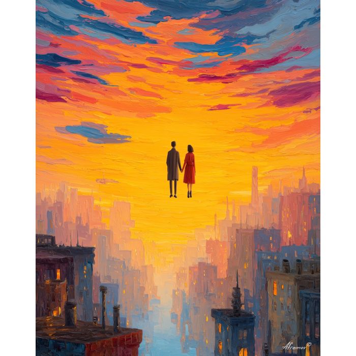 COUPLE FLOATING ABOVE CITY