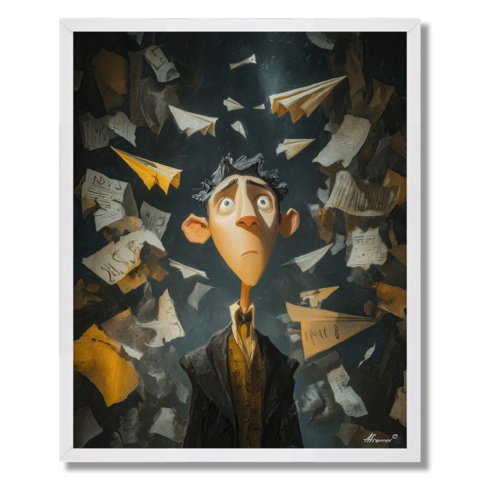 BOY WITH FLOATING PAPER PLANES - FRAMED
