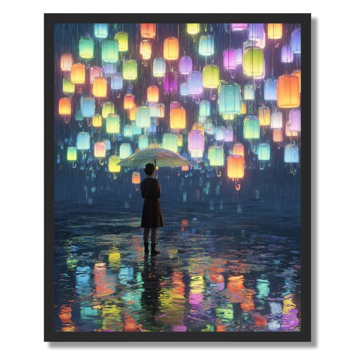 WOMAN COLLECTING RAINDROPS - FRAMED
