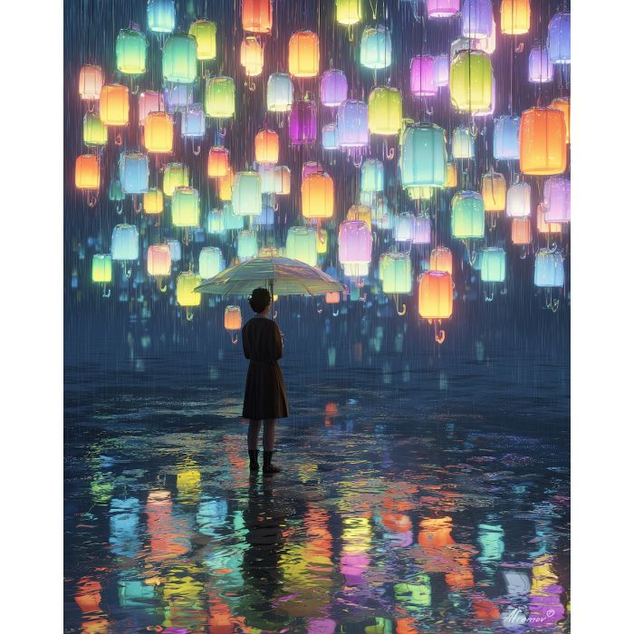 WOMAN COLLECTING RAINDROPS