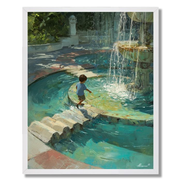 CHILD AT FOUNTAIN - FRAMED