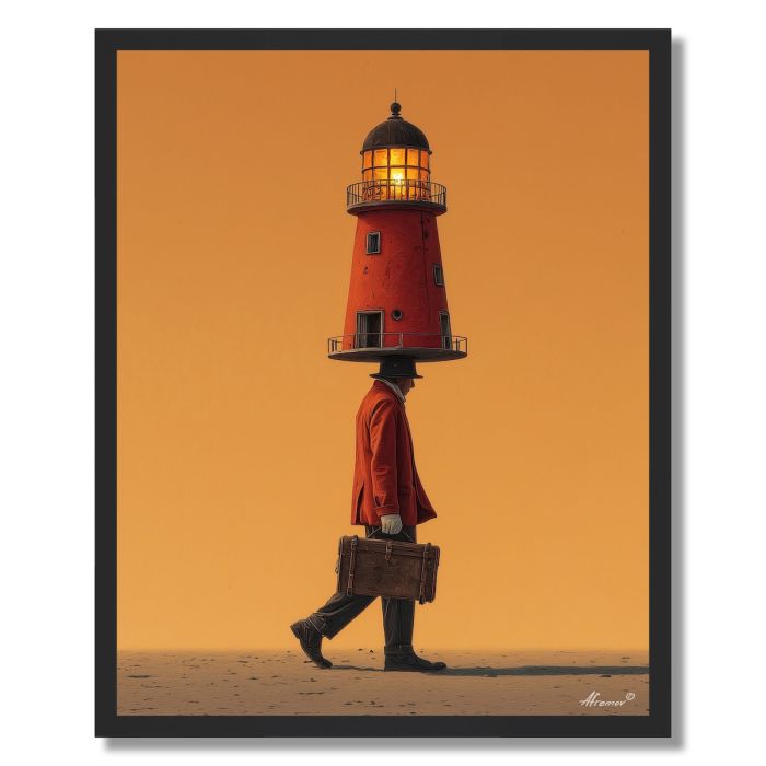 MAN CARRYING LIGHTHOUSE - FRAMED