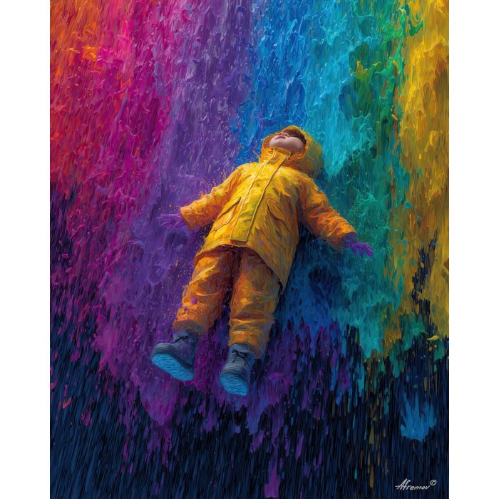 CHILD FLOATING IN COLOR RAIN