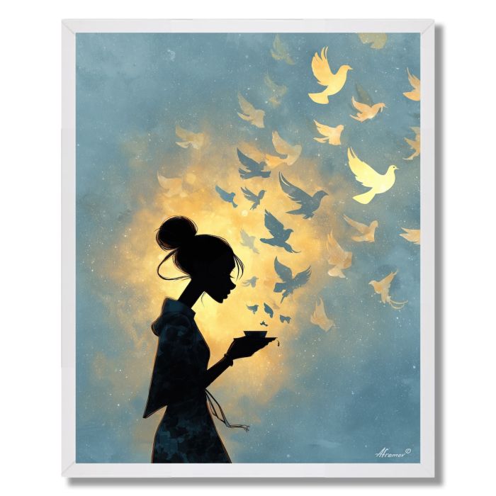 WOMAN FEEDING LIGHT BIRDS - FRAMED