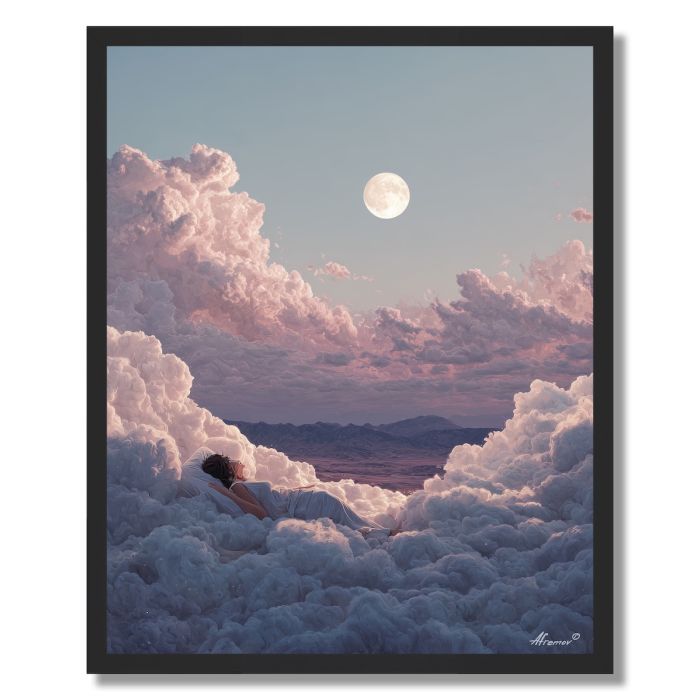 WOMAN SLEEPING ON CLOUDS - FRAMED