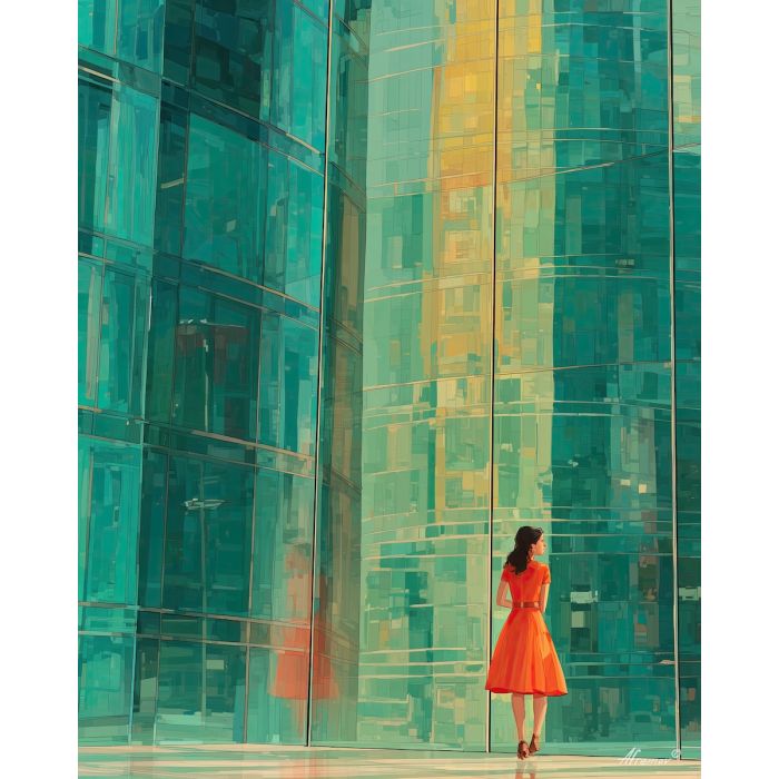 COLOR WOMAN IN GLASS CITY