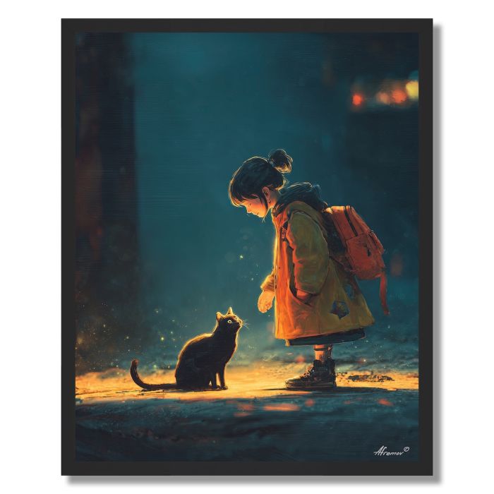 GIRL AND STREET CAT - FRAMED
