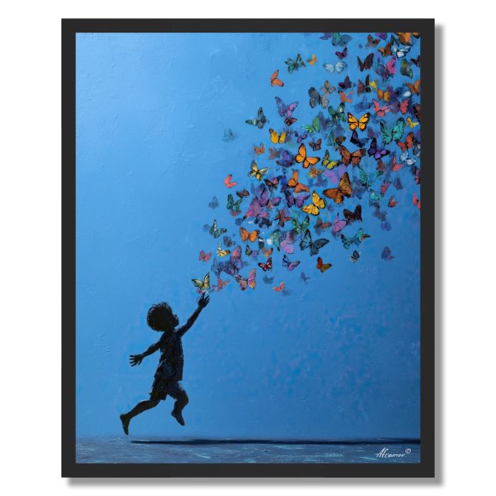 CHILD CHASING BUTTERFLIES - FRAMED