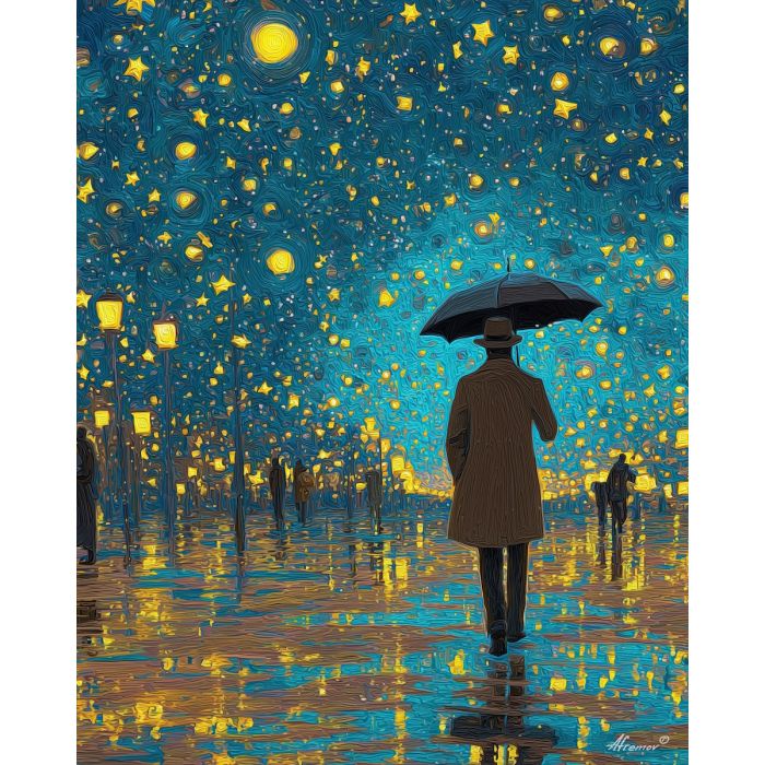 MAN WITH UMBRELLA OF STARS