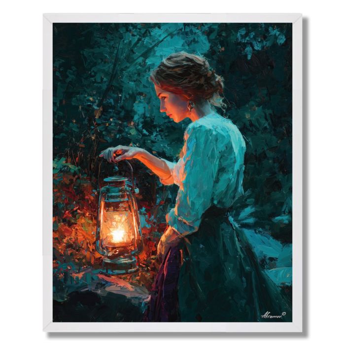 WOMAN HOLDING COLOR LANTERN - FRAMED