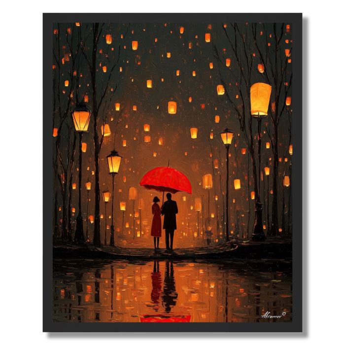 COUPLE UNDER RED UMBRELLA - FRAMED