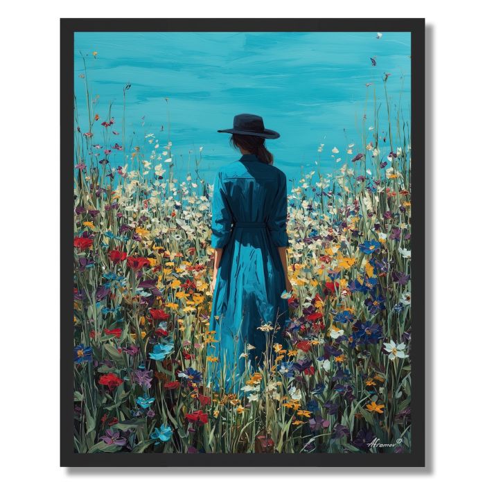 WOMAN IN FLOWER FIELD - FRAMED