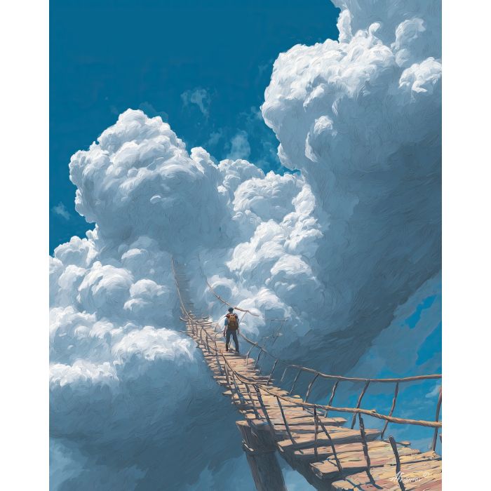 TRAVELER WALKING ON CLOUD ROAD