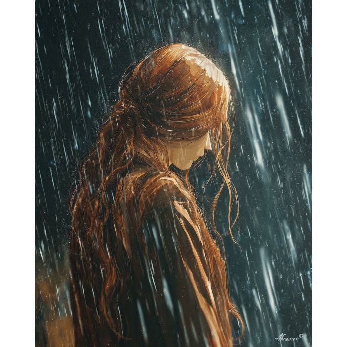 WOMAN IN FLOWING RAIN