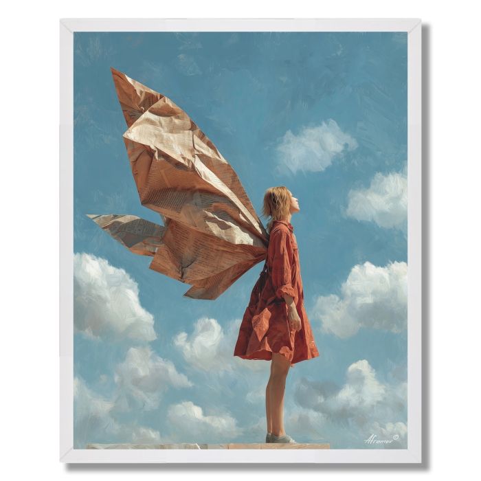 WOMAN WITH PAPER WINGS - FRAMED