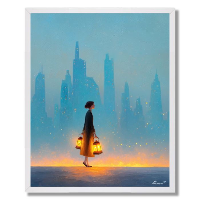 WOMAN CARRYING CITY LIGHT - FRAMED