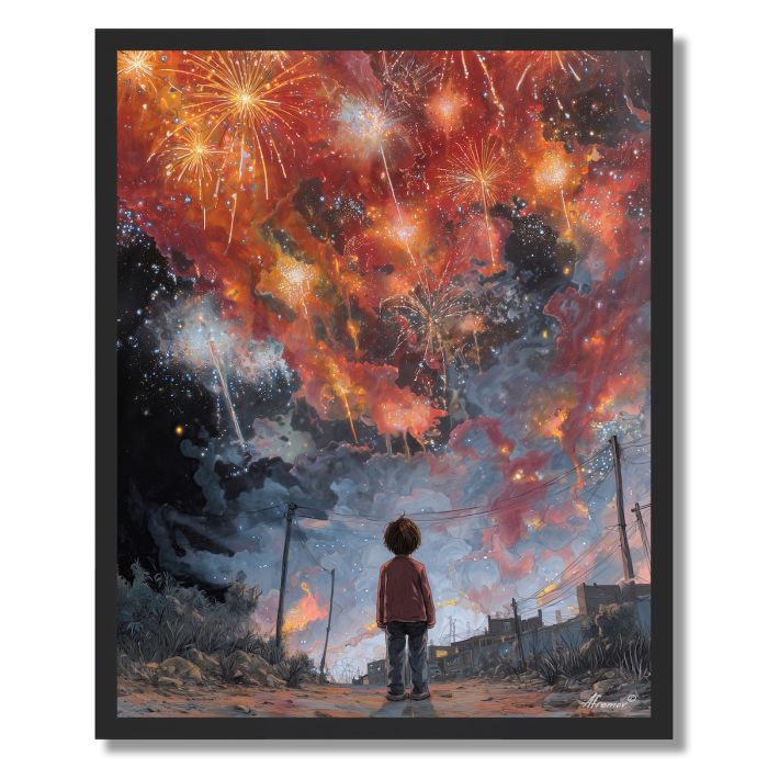 CHILD WATCHING FIREWORKS - FRAMED