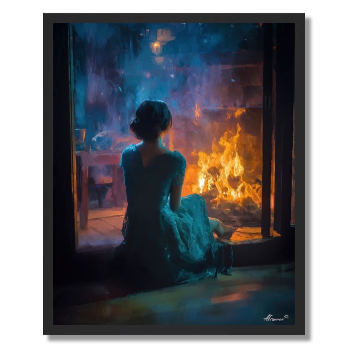 WOMAN BY THE FIREPLACE - FRAMED