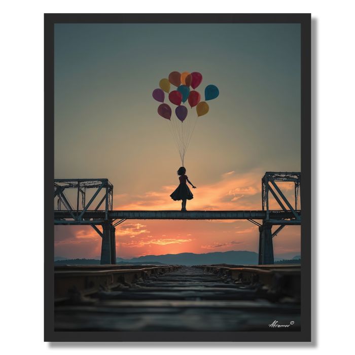 GIRL RUNNING WITH BALLOONS - FRAMED