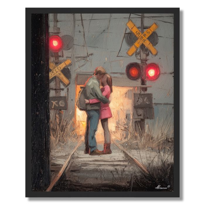 COUPLE AT TRAIN CROSSING - FRAMED