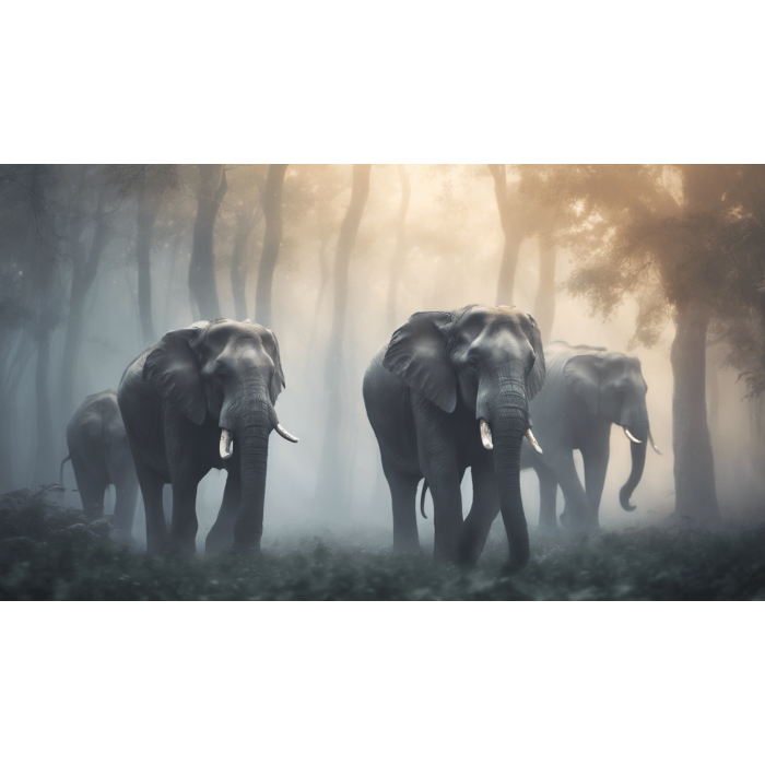 ELEPHANTS ROAMING THROUGH A MISTY, LUMINESCENT FOREST