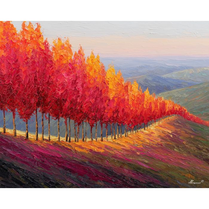 autumn ridge painting, fall forest hills, red orange gold trees, palette knife landscape, textured oil painting, seasonal decor
