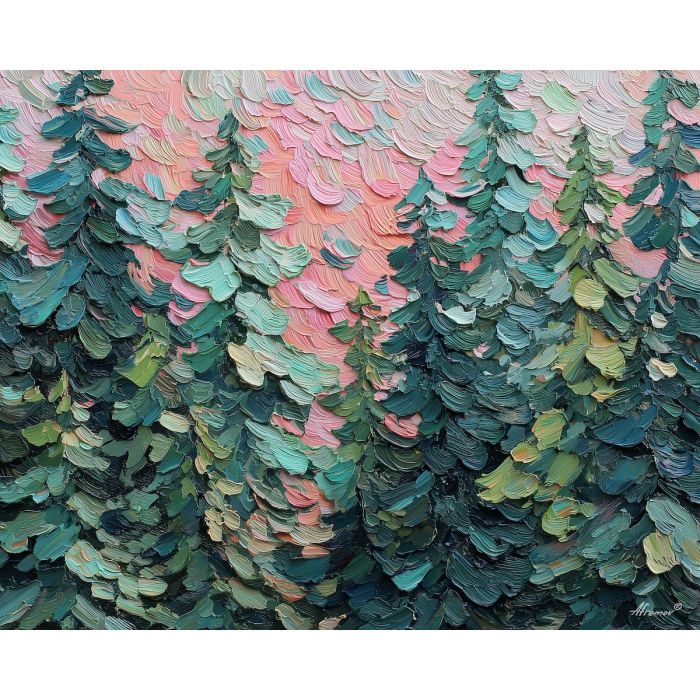 pastel forest painting, pink sky woodland, pine forest art, palette knife oil painting, soft forest decor, atmospheric nature scene