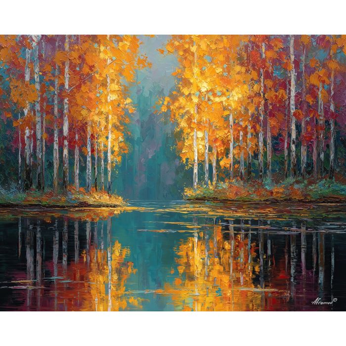 forest reflection, golden trees, lake landscape painting, palette knife oil, autumn water art, nature wall decor