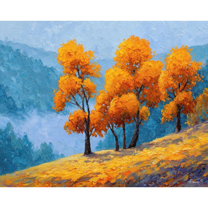 hilltop forest painting, golden treetops, valley fog art, palette knife landscape, warm forest decor, textured nature artwork