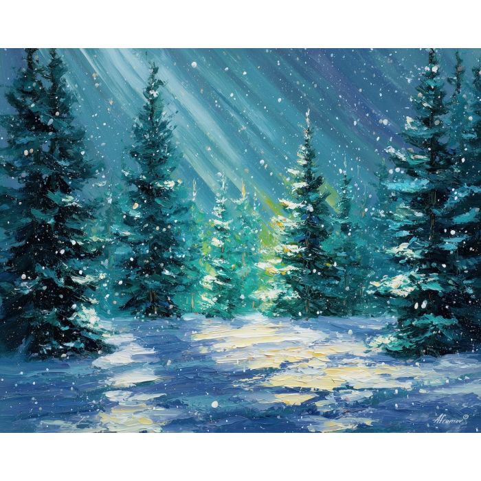 winter forest painting, green pine snow, blue white forest, palette knife oil, snowy woodland decor, textured nature art