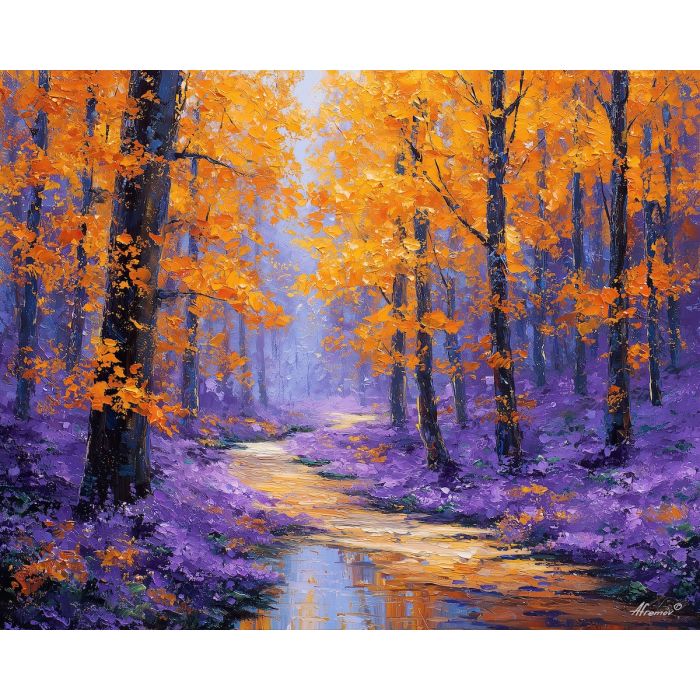 orange forest painting, warm woods, after-rain light, palette knife oil, textured nature artwork, woodland decor