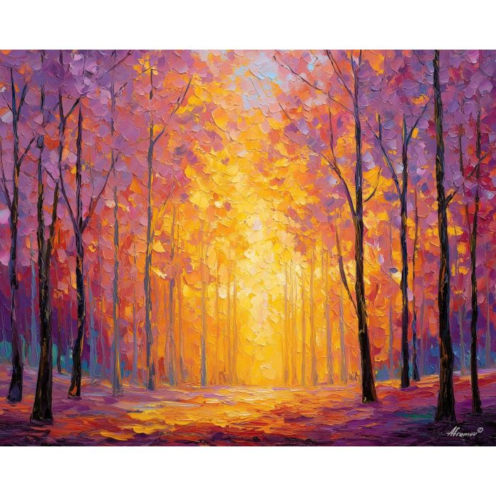 golden sky forest, sunset woodland, warm forest painting, palette knife oil, textured nature decor, yellow sky landscape