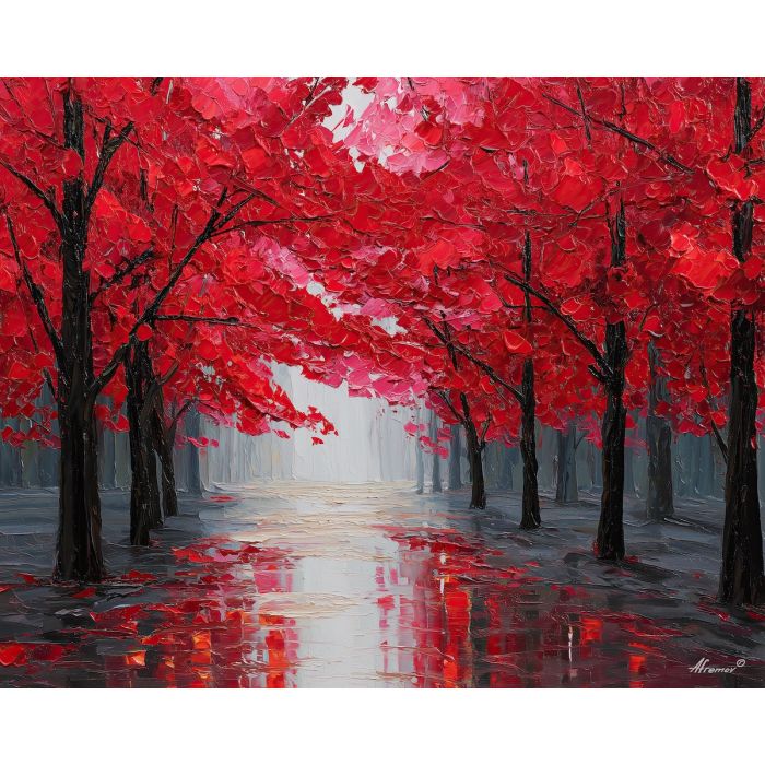 red forest painting, crimson leaves art, rainy forest, palette knife landscape, textured oil painting, moody forest decor